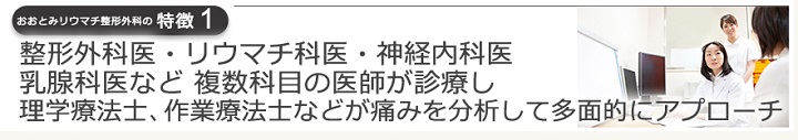 整形外科医・リウマチ科医・神経内科医・乳腺科医など 複数科目の医師が診療し理学療法士、作業療法士などが痛みを分析して多面的にアプローチ